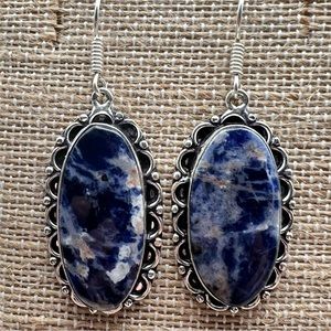 New Blue Sodalite Stone Silver Overlay Hook Earrings